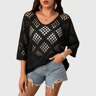 Womens Plus Size Summer Sweater Hollow Out Beach Crochet Cover Ups V Neck 3/4 Sleeve Pullover Shirts