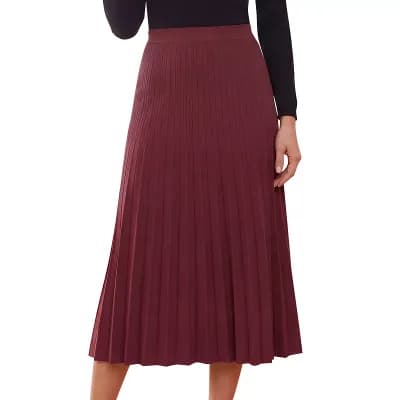 Womens Pleated Skirts Elastic High Waist A Line Ribbed Knit Sweater Midi Skirt Fall Winter Outwear