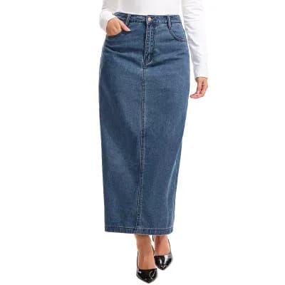 Women Maxi Denim Skirt H Line Straight Back Slit Casual Long Jean Skirts