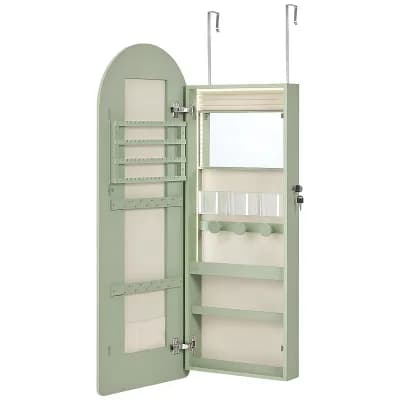 Wall-Mounted Arched Mirror Jewelry Cabinet with LED Lights and Hidden Storage