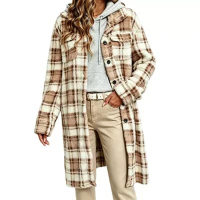Women's Plaid Fuzzy Long Shacket Lapel Button Front Patch Pocket Oversized Open Coat