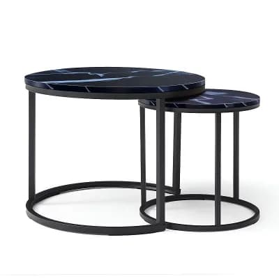 Round Nesting Coffee Table Set of 2 Black Metal Frame Tables for Living Room