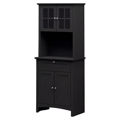 Multi-Use Storage Cabinet with Drawer, Countertop, and Glass Door Cabinets, Black