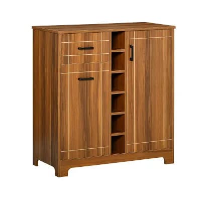Freestanding Wine Storage Cabinet with Drawer, Doors & Hanging Glass Rack