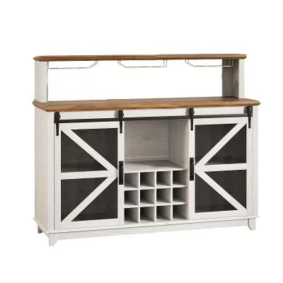 Industrial Farmhouse Wine Cabinet with Sliding Doors, Grid Rack & Glass Storage