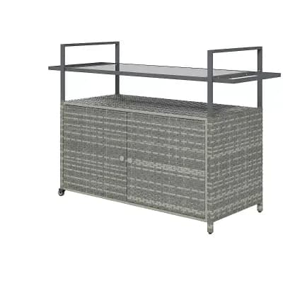 Outdoor Serving Cart with Glass Top, Rattan Frame, Cabinet and Locking Wheels