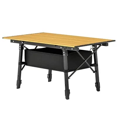 Height Adjustable Outdoor Folding Table with Storage Basket and Carry Bag for Camping or Picnic
