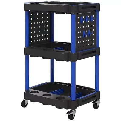 3 tier Rolling Tool Cart with Wheels, Hooks and Side Storage Holes for Garage or Workshop