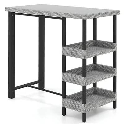 Patio Bar Height Table with Glass Top and 3 Storage Shelves, Rattan Outdoor Bar Table