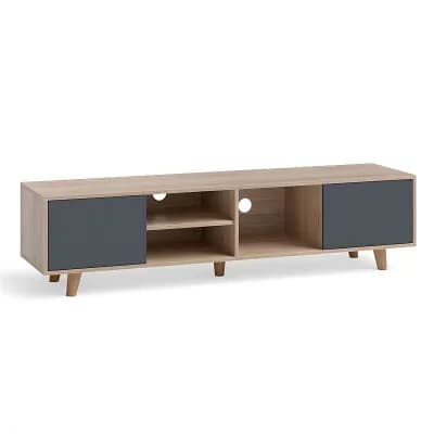 Modern TV Stand for TVs with Storage Cabinets, Open Shelves and Wood Legs, Media Console
