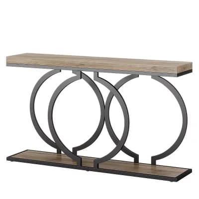 Rectangular Console Table with Marble Look Top and Metal Base for Entryway Display