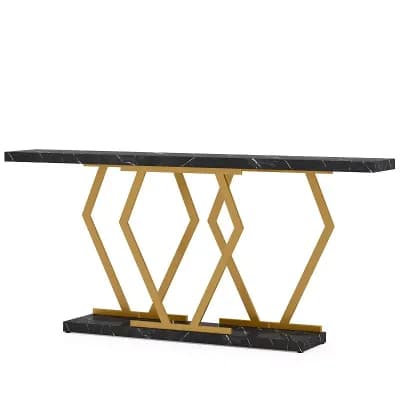 Faux Marble Console Table with Geometric Metal Frame, Narrow Modern Sofa Table