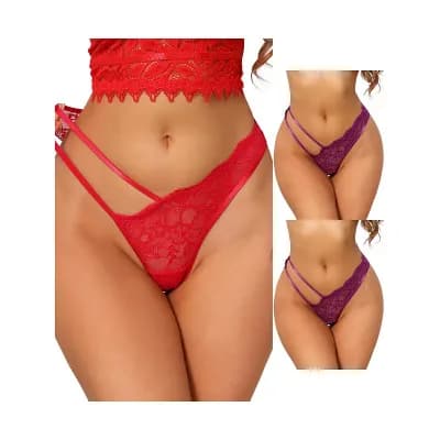 3 Packs Women's Floral Lace Low Waisted Briefs Side Hollow Out Mesh String Thongs Underwear