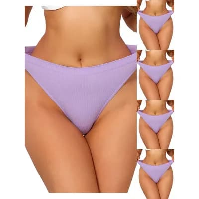 5 Packs Women's Mid Waisted Ribbed Bikini Briefs No Show High Cut Underwear Panties