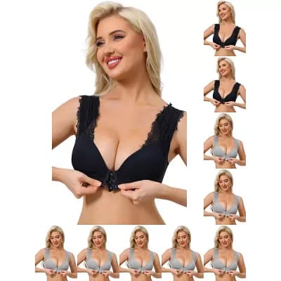 10 Packs Women's Lace Front Closure Push Up Wirefree Bras with Nonadjustable Straps
