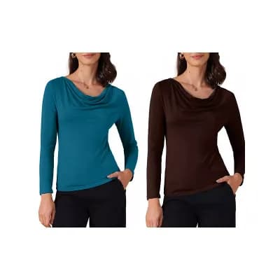 2 Packs Women's Cowl Neck Long Sleeves Fitted Layering Top Soft T-Shirt