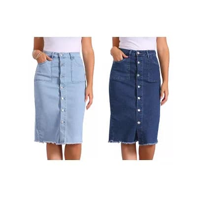 2 Packs Women's Casual Button Down Denim Skirt High Waist Frayed Raw Hem Jean Midi Skirt