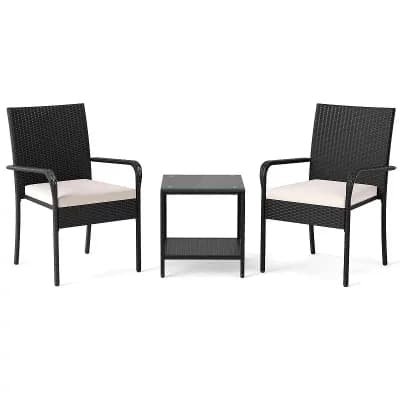 Costway 3 pc Patio Furniture Set with 2 tier Table Tempered Glass Tabletop & Soft Cushions