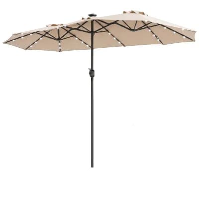 Costway 13 FT Double-Sided Patio Umbrella with Solar Lights, 36 LED Lights, Crank Handle