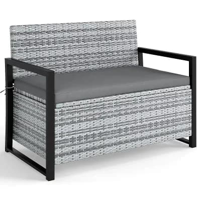Costway Patio Storage Bench Wicker Loveseat with Built-in Storage & Long Seat Cushion