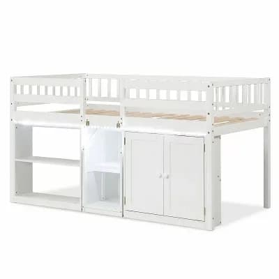 Costway Low Loft Bed with LED Light, Stairs & Guardrails, Modern Wood Kids Twin Bed