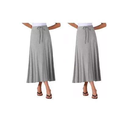 2 Packs Women's Casual Elastic Waist Drawstring Stretchy Flare A-Line Long Skirt
