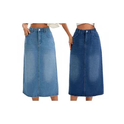 2 Packs Women's Denim Skirt Stretch High Waisted Split Back Pockets Casual Pencil Midi Jean Skirts