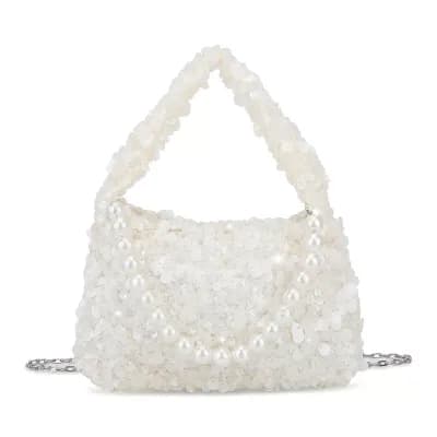 Sparkly Sequin Handheld Bags for Women with Pearl Embellishment and Removable Crossbody Chain
