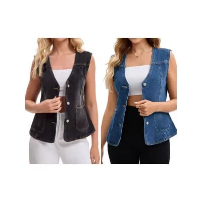 2 Packs Women's Denim Vest V Neck Patch Pockets Button Down Sleeveless Jean Jacket