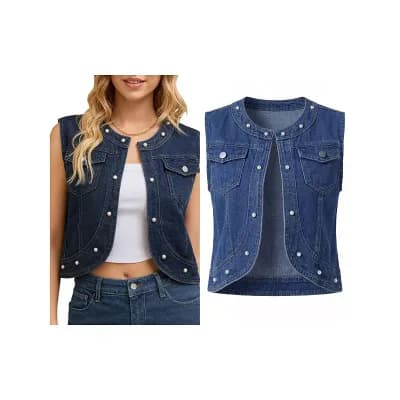 2 Packs Women's Cropped Denim Cardigan Sleeveless Decor Pearl Jean Jacket Shrug