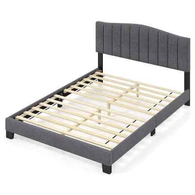 Costway Modern Upholstered Bed Frame Queen Size Platform Bed with Wooden Slat Support