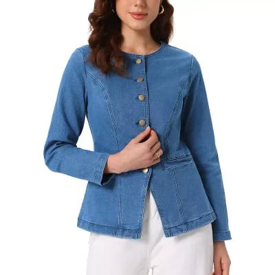 Stylish Women's Round Neck Button Down Denim Jackets for Casual Wear