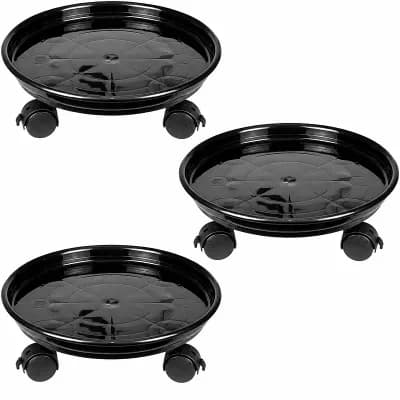 Round Plant Caddy with Locking Wheels, Moveable Pot Stand, Black, 3 Pack