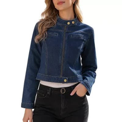 Jean Jacket for Women Zip Up Stand Collar Long Sleeve Motorcycle Denim Jacket