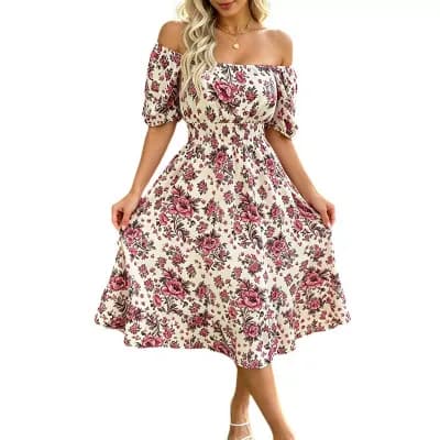 Women's Square Neck Floral Midi Dress Puff Short Sleeve Smocked Waist Ruffle Hem Flowy Dresses