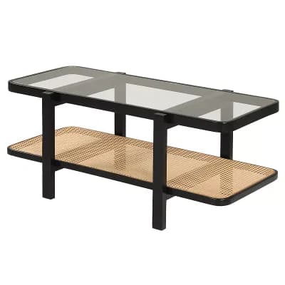 Costway 2 tier Rustic Coffee Table with Storage Tempered Glass Tabletop PE Rattan Shelf