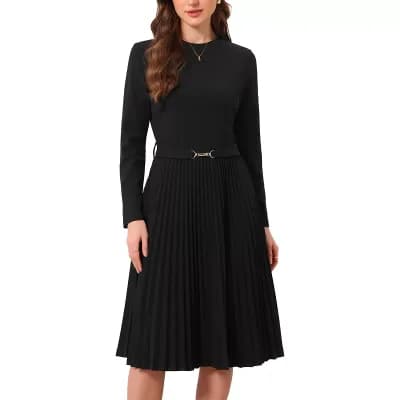 Elegant Work Dresses for Women Long Sleeve Crew Neck Belt Decro Pleated A-Line Midi Dress