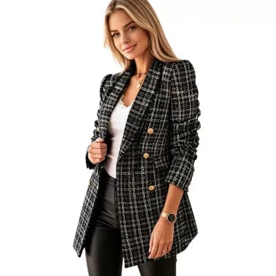 Women's Casual Tweed Plaid Lapel Blazer Jacket Business Double Breasted Long Sleeve With Pockets