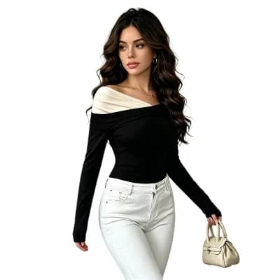 Women's Casual Color-Block Off The Shoulder Top Long Sleeve Irregular Ruched Slim Fit Tops