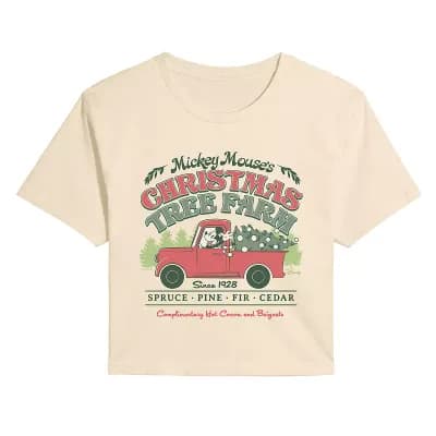 Juniors' Disney's Mickey Mouse Christmas Tree Farm Cropped Tee