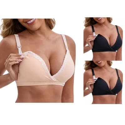 3 Packs Women's Lace Trim Wireless Plunge Lift Up Front-Cross Buckled Straps Nursing Bras