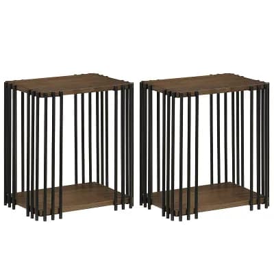 Costway Rubber Wood Side Table with 2-Layer Storage Shelves, Metal Frame
