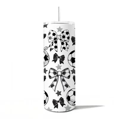 Coquette Black and White Soccer Bow 20oz Tumbler With Lid and Stainless Steel Straw