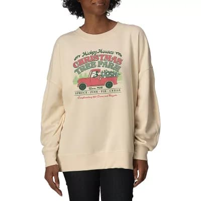 Women's Disney's Mickey Mouse Christmas Tree Farm Oversized Fleece Crew Sweatshirt