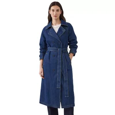 Womens Denim Trench Coats Double Breasted Long Sleeves A Line Lapel Belted Pockets Back Slit Jackets