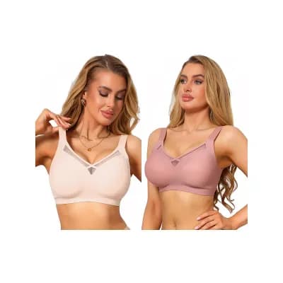 2 Packs Women's V-Neck Mesh Full Coverage Wireless Soft Cup Wide Adjustable Straps Minimizer Bras