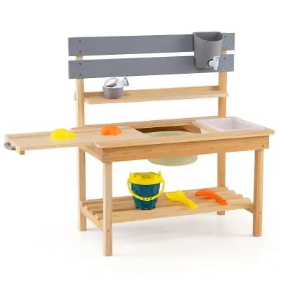 Costway Outdoor Mud Kitchen for Kids, Wooden Kitchen Playset with Extended Tabletop