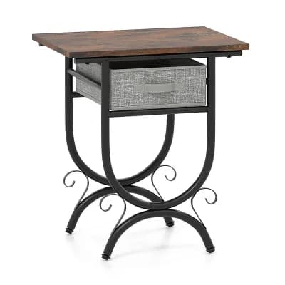 Costway Side Table with Fabric Drawer Carved Metal Frame Industrial End Table Nightstand