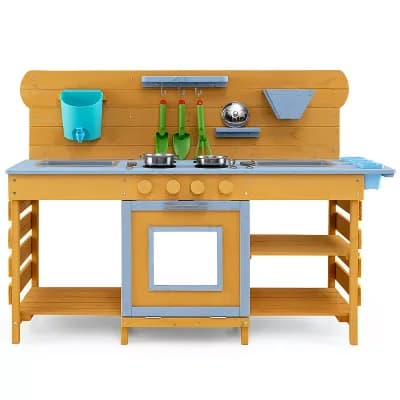 Costway Mud Kitchen for Kids,Wooden Pretend Play Kitchen with 2 Sinks, Water Tank, 4 Stoves