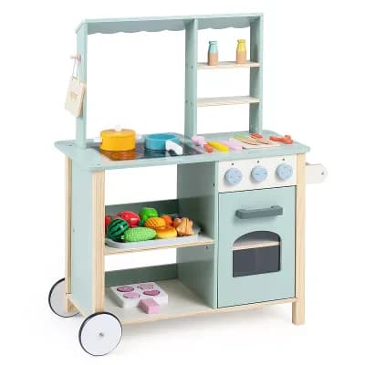 Costway Play Kitchen for Kids, Wooden Kitchen Playset with Cookware Accessories, Wheels